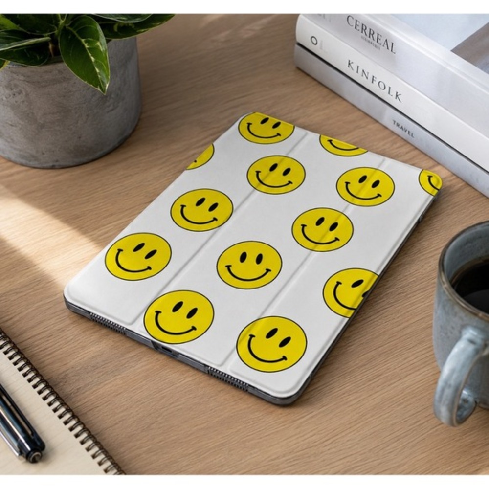 Yellow Happy Face iPad Smart Case Trifold Folio Cover White Clear Back 49-01